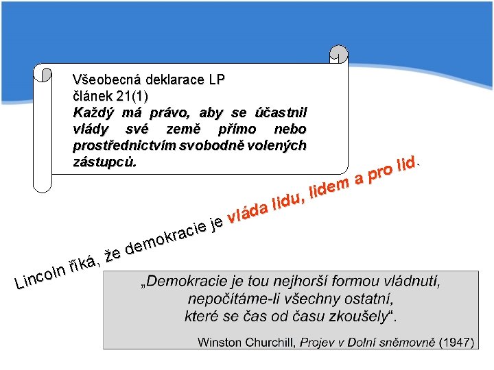 Všeobecná deklarace LP článek 21(1) Každý má právo, aby se účastnil vlády své země