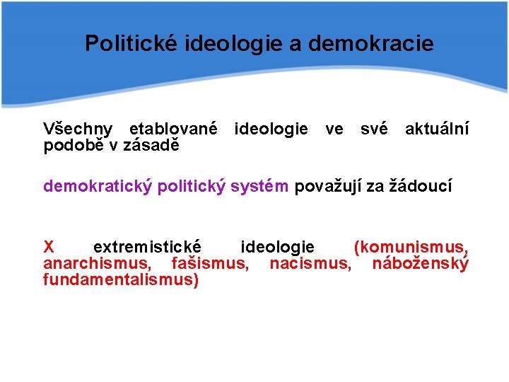 Politické ideologie a demokracie Všechny etablované ideologie ve své aktuální podobě v zásadě demokratický