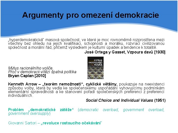 Argumenty pro omezení demokracie „hyperdemokratická“ masová společnost, ve které je moc rovnoměrně rozprostřena mezi