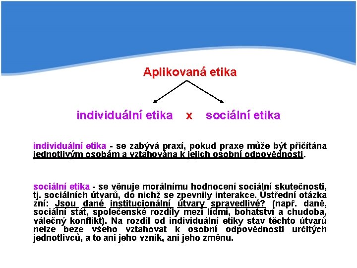 Aplikovaná etika individuální etika x sociální etika individuální etika - se zabývá praxí, pokud