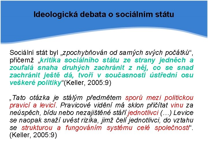 Ideologická debata o sociálním státu Sociální stát byl „zpochybňován od samých svých počátků“, přičemž