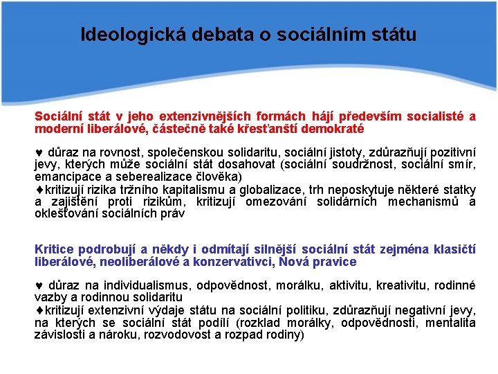 Ideologická debata o sociálním státu Sociální stát v jeho extenzivnějších formách hájí především socialisté