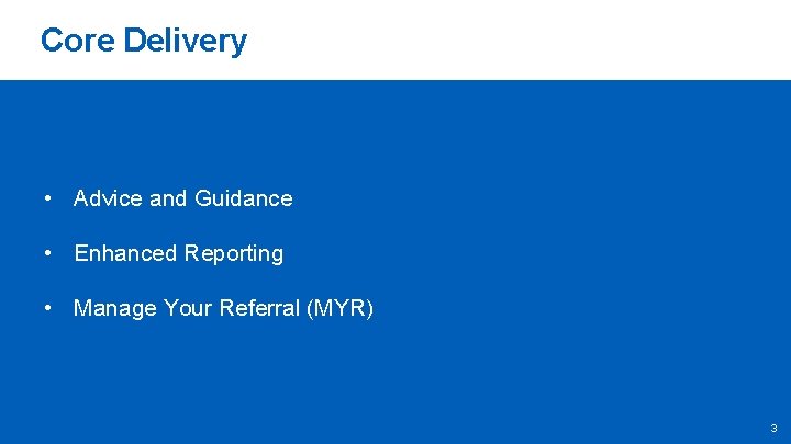 Core Delivery • Advice and Guidance • Enhanced Reporting • Manage Your Referral (MYR)