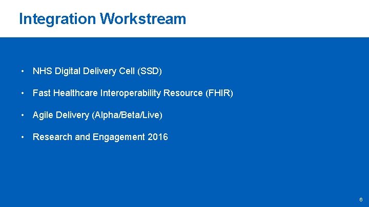 Integration Workstream • NHS Digital Delivery Cell (SSD) • Fast Healthcare Interoperability Resource (FHIR)