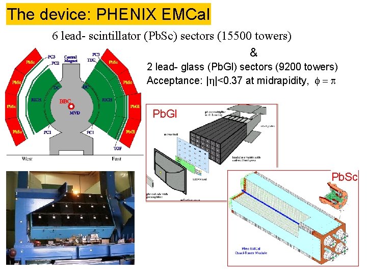 The device: PHENIX EMCal 6 lead- scintillator (Pb. Sc) sectors (15500 towers) & Pb