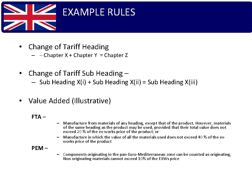 EXAMPLE RULES • Change of Tariff Heading – – Chapter X + Chapter Y