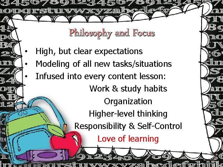 Philosophy and Focus • High, but clear expectations • Modeling of all new tasks/situations