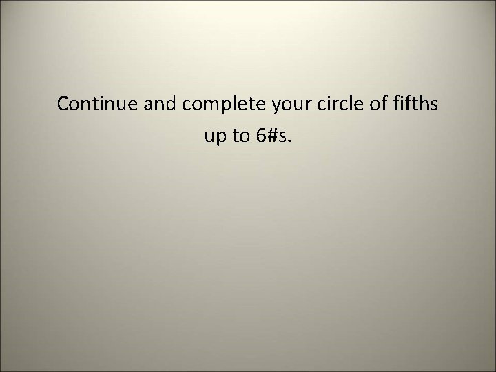 Continue and complete your circle of fifths up to 6#s. 