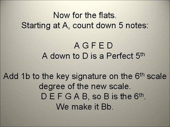 Now for the flats. Starting at A, count down 5 notes: AGFED A down