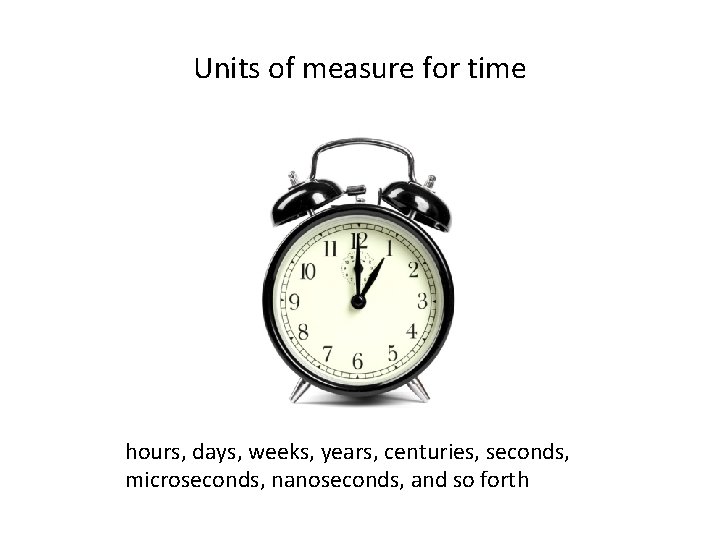 Units of measure for time hours, days, weeks, years, centuries, seconds, microseconds, nanoseconds, and