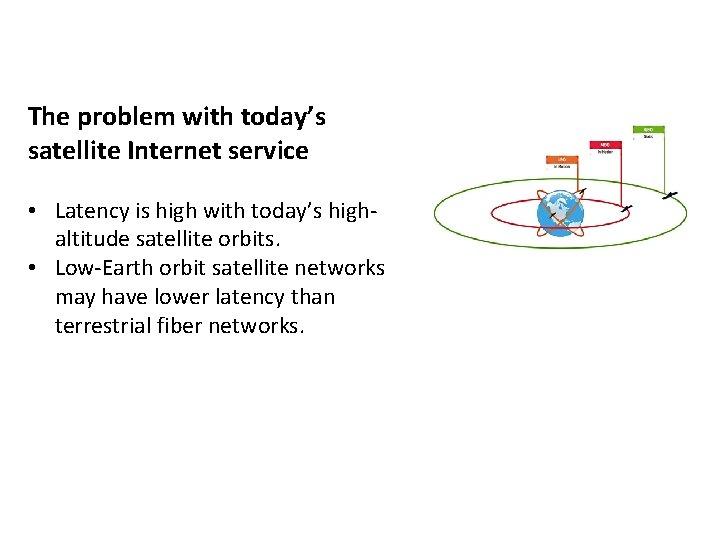 The problem with today’s satellite Internet service • Latency is high with today’s highaltitude