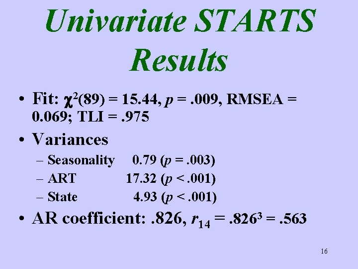 Univariate STARTS Results • Fit: c 2(89) = 15. 44, p =. 009, RMSEA