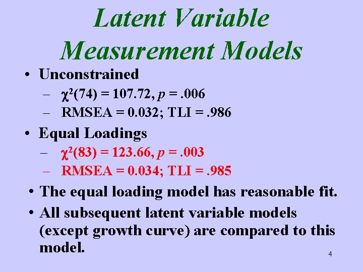 Latent Variable Measurement Models • Unconstrained – c 2(74) = 107. 72, p =.