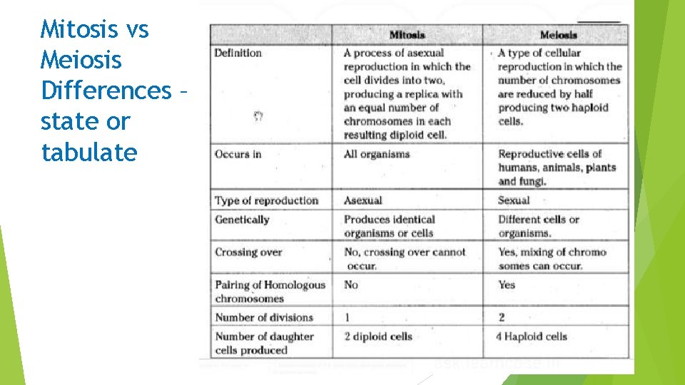Mitosis vs Meiosis Differences – state or tabulate 