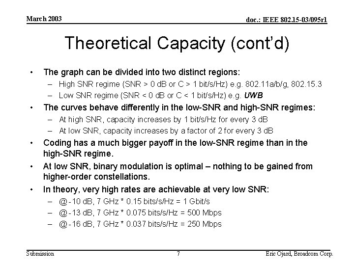 March 2003 doc. : IEEE 802. 15 -03/095 r 1 Theoretical Capacity (cont’d) •