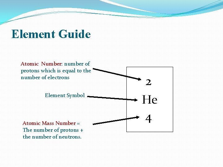 Element Guide Atomic Number: number of protons which is equal to the number of