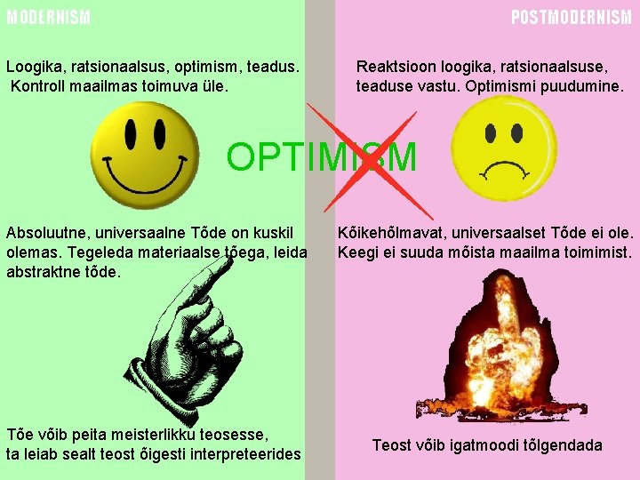 MODERNISM POSTMODERNISM Loogika, ratsionaalsus, optimism, teadus. Kontroll maailmas toimuva üle. Reaktsioon loogika, ratsionaalsuse, teaduse