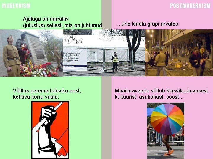 MODERNISM Ajalugu on narratiiv (jutustus) sellest, mis on juhtunud. . . Võitlus parema tuleviku