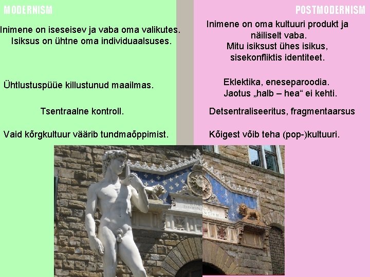 MODERNISM Inimene on iseseisev ja vaba oma valikutes. Isiksus on ühtne oma individuaalsuses. Ühtlustuspüüe