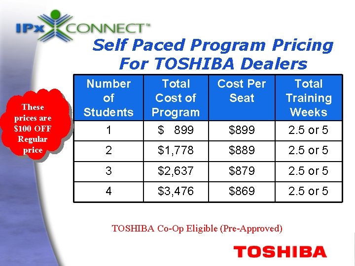 Self Paced Program Pricing For TOSHIBA Dealers These prices are $100 OFF Regular price