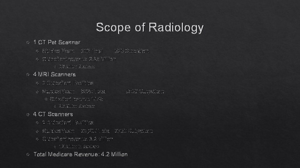 Scope of Radiology 1 CT Pet Scanner Studies/Year: Outpatient revenue 2. 36 Million 0.