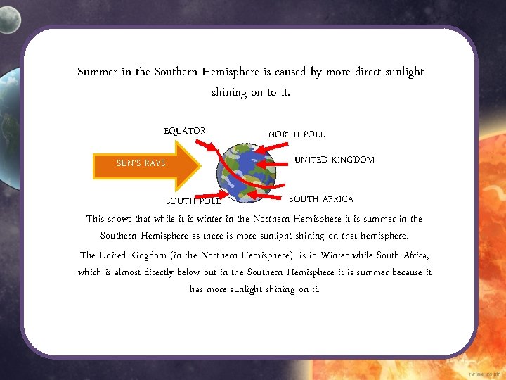 Summer in the Southern Hemisphere is caused by more direct sunlight shining on to Summer in the Southern Hemisphere is caused by more direct sunlight shining on to