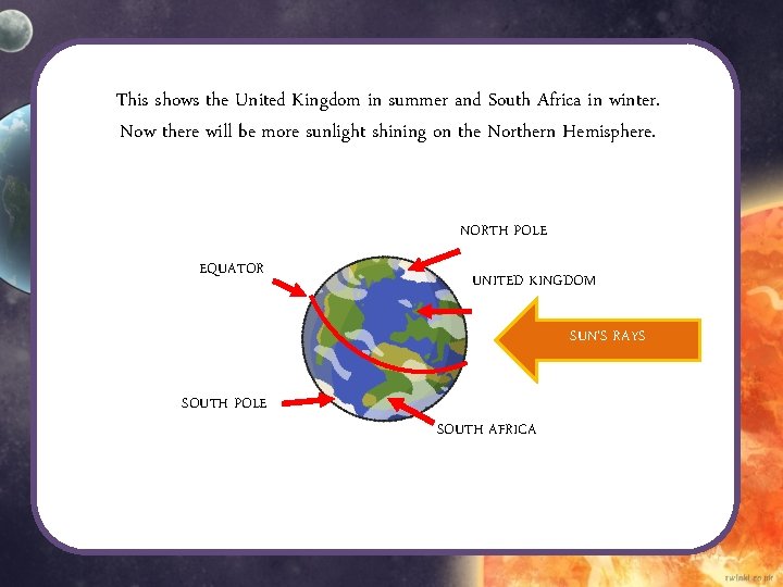 This shows the United Kingdom in summer and South Africa in winter. Now there This shows the United Kingdom in summer and South Africa in winter. Now there