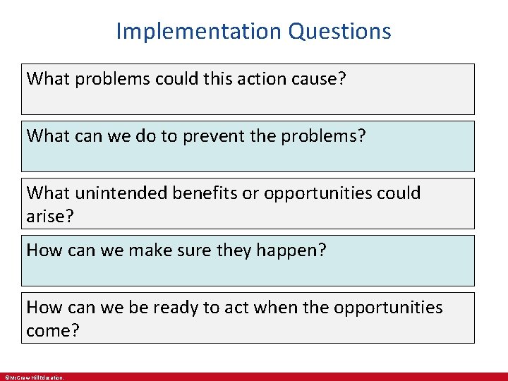 Implementation Questions What problems could this action cause? What can we do to prevent