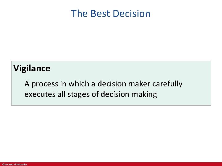 The Best Decision Vigilance A process in which a decision maker carefully executes all
