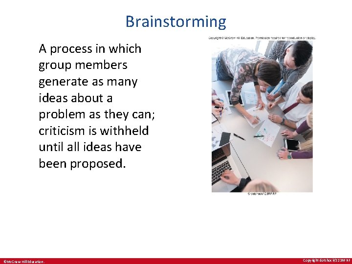 Brainstorming A process in which group members generate as many ideas about a problem