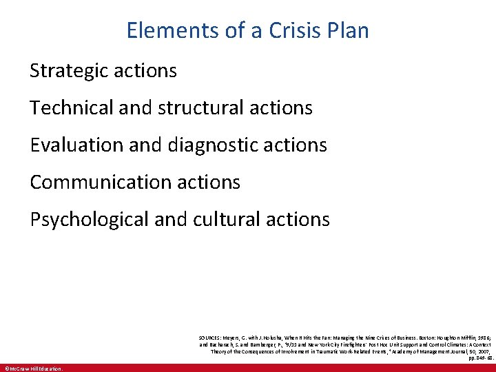 Elements of a Crisis Plan Strategic actions Technical and structural actions Evaluation and diagnostic