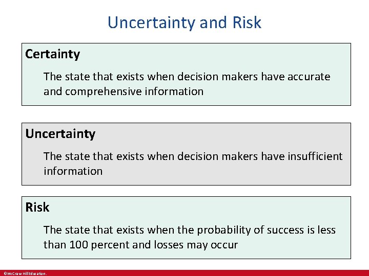 Uncertainty and Risk Certainty The state that exists when decision makers have accurate and