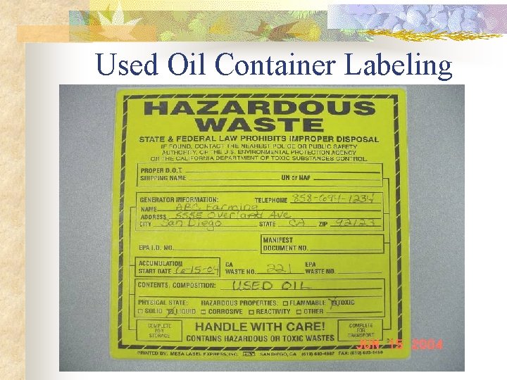 Used Oil Container Labeling 