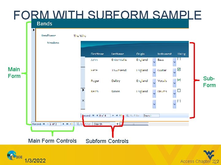 FORM WITH SUBFORM SAMPLE Main Form Sub. Form Main Form Controls 1/3/2022 Subform Controls