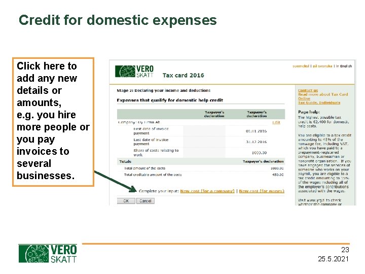 Credit for domestic expenses Click here to add any new details or amounts, e.