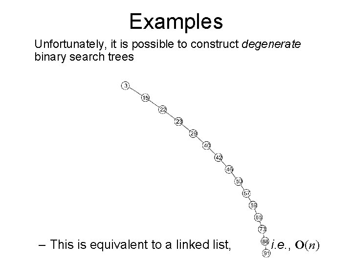 Examples Unfortunately, it is possible to construct degenerate binary search trees – This is