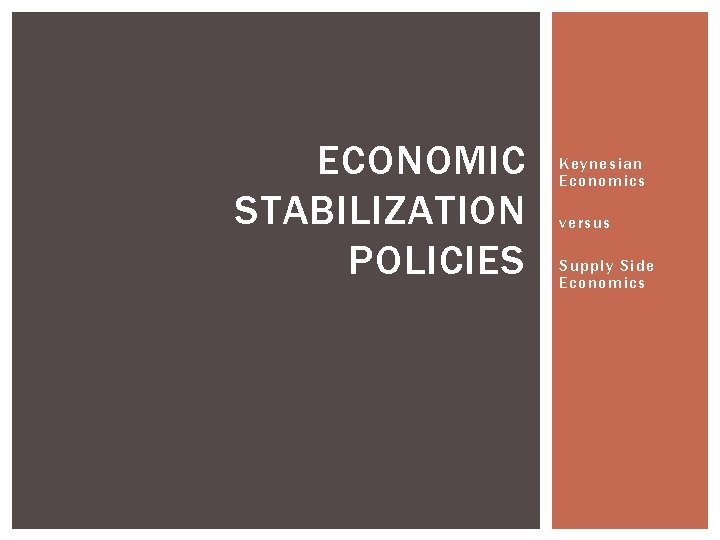 ECONOMIC STABILIZATION POLICIES Keynesian Economics versus Supply Side Economics 
