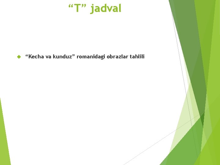 “T” jadval “Kecha va kunduz” romanidagi obrazlar tahlili 