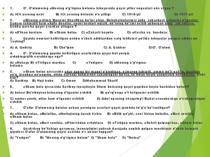  1. G'. G'ulomning «Mening o'g'rigina bolam» hikoyasida qaysi yillar voqealari aks etgan ?