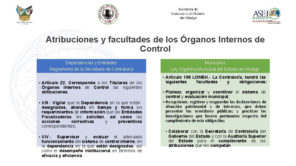 Atribuciones y facultades de los Órganos Internos de Control Dependencias y Entidades Municipios Reglamento