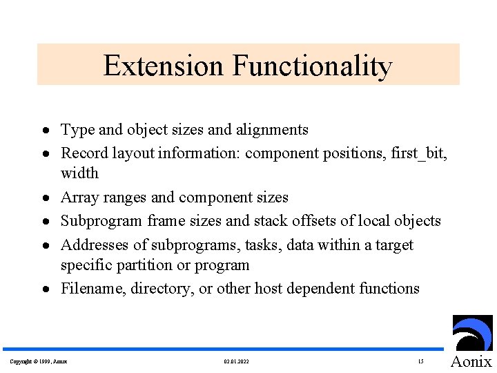 Extension Functionality · Type and object sizes and alignments · Record layout information: component