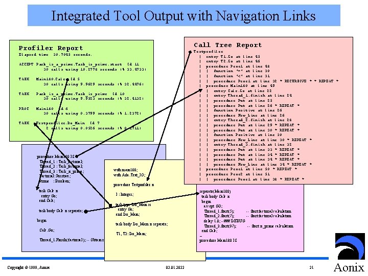 Integrated Tool Output with Navigation Links Call Tree Report Profiler Report Testprofiler | entry