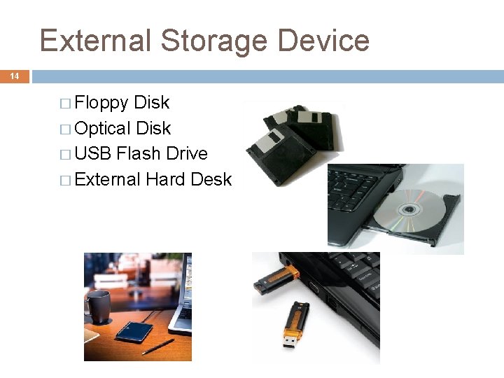 External Storage Device 14 � Floppy Disk � Optical Disk � USB Flash Drive