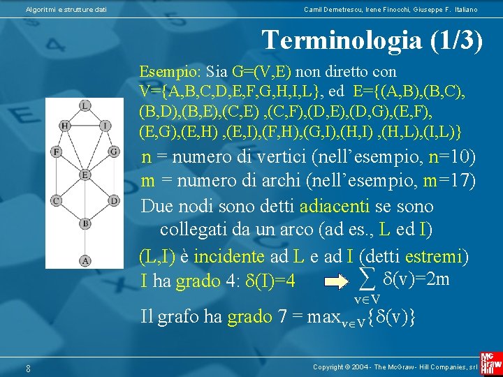 Algoritmi e strutture dati Camil Demetrescu, Irene Finocchi, Giuseppe F. Italiano Terminologia (1/3) Esempio: