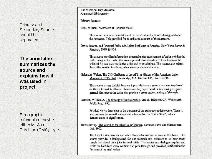 Primary and Secondary Sources should be separated. The annotation summarizes the source and explains