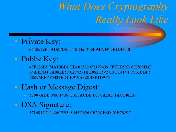 What Does Cryptography Really Look Like • Private Key: – 6448072 E 0 AD