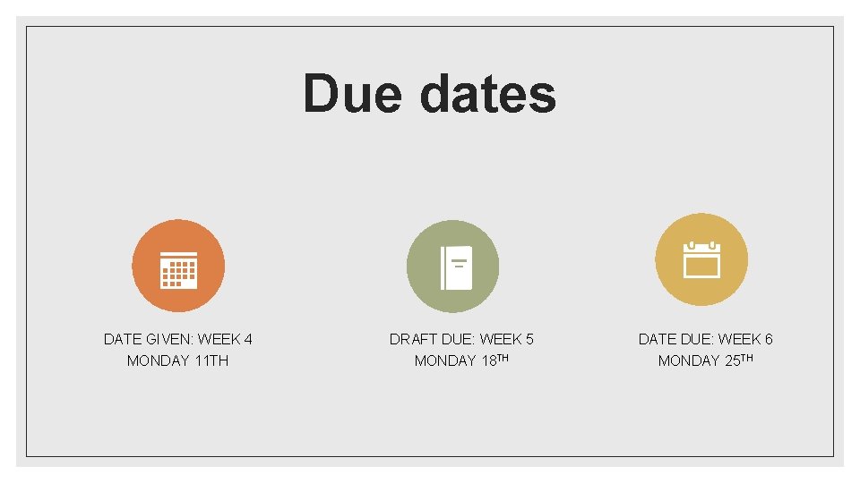 Due dates DATE GIVEN: WEEK 4 DRAFT DUE: WEEK 5 DATE DUE: WEEK 6
