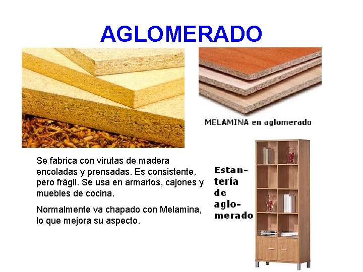 AGLOMERADO Se fabrica con virutas de madera encoladas y prensadas. Es consistente, pero frágil.