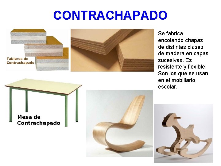 CONTRACHAPADO Se fabrica encolando chapas de distintas clases de madera en capas sucesivas. Es