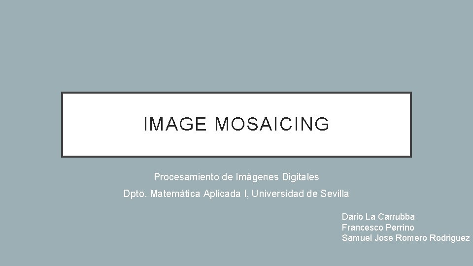 IMAGE MOSAICING Procesamiento de Imágenes Digitales Dpto. Matemática Aplicada I, Universidad de Sevilla Dario IMAGE MOSAICING Procesamiento de Imágenes Digitales Dpto. Matemática Aplicada I, Universidad de Sevilla Dario